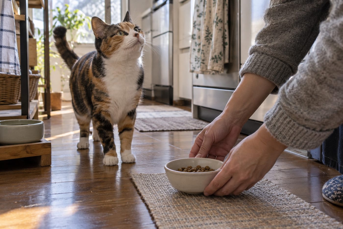 朝の台所で、ごはんの器を用意する人の手元と、足元で待つ三毛猫