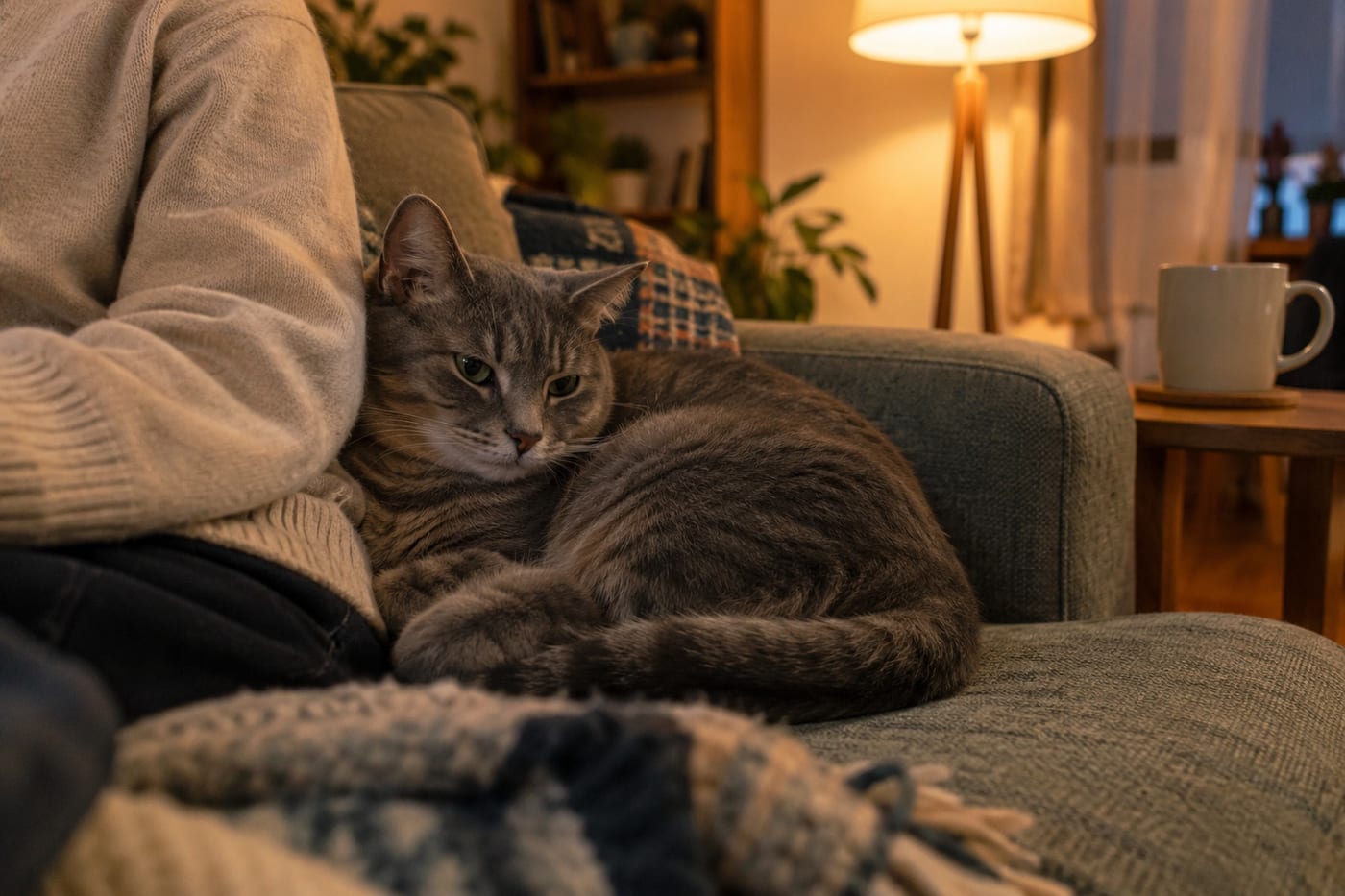 夜のリビングで、ソファに座る人の隣に背中を預けて丸くなる灰色の猫