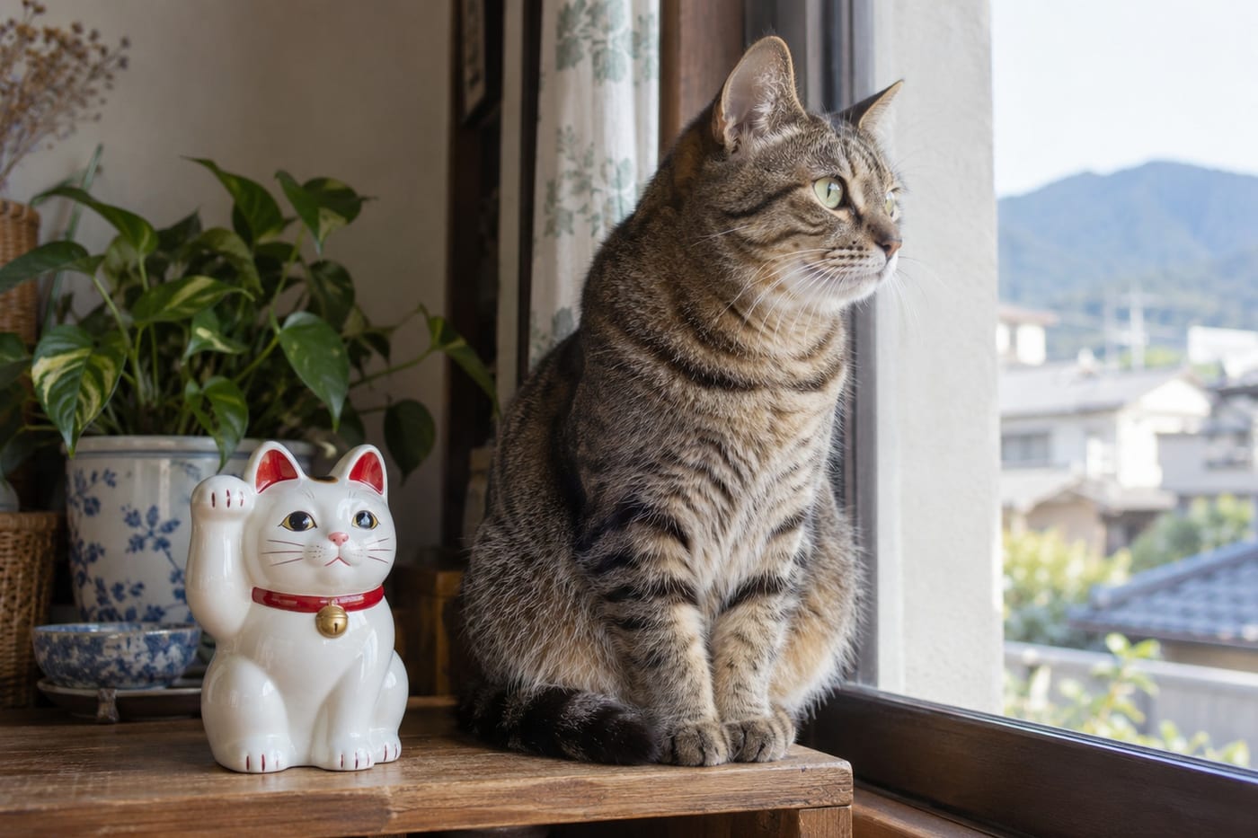 窓辺の棚に置かれた白い招き猫の置物と、その横に座って外を見るキジトラの猫