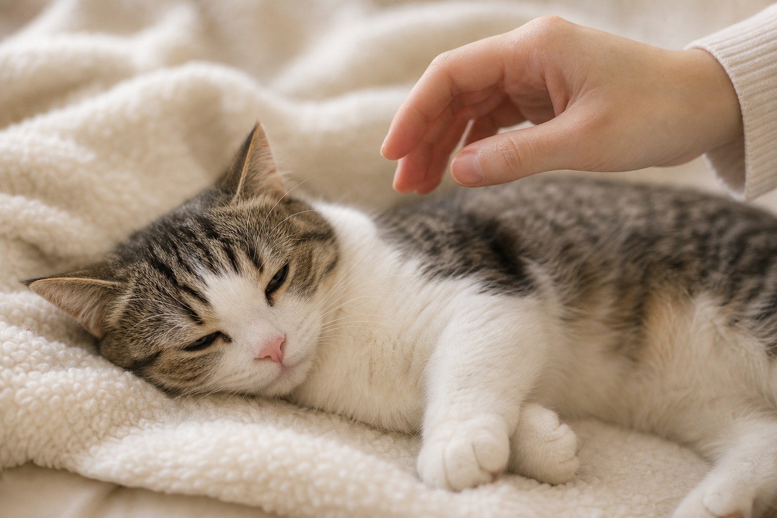 毛布で横たわる猫に飼い主の手がそっと寄り添うコンセプト写真