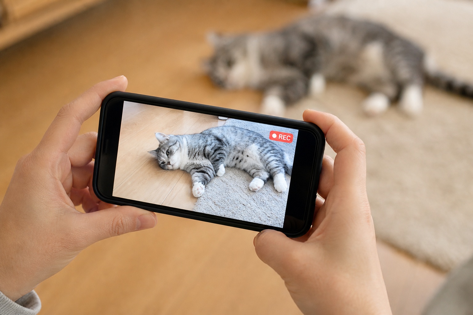 発作中の猫を録画するスマートフォン画面のドキュメンタリー写真