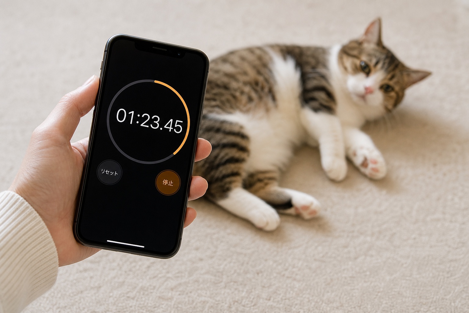 発作時間を計るスマートフォンのタイマー画面を持つ手元の写真