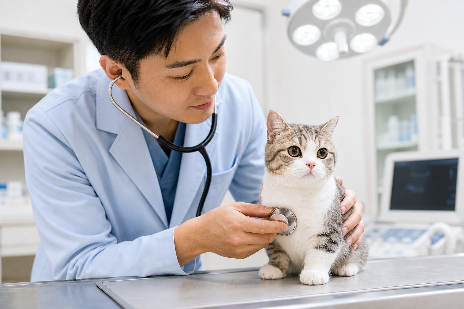 動物病院で獣医師に検査を受ける猫の落ち着いた診察シーン
