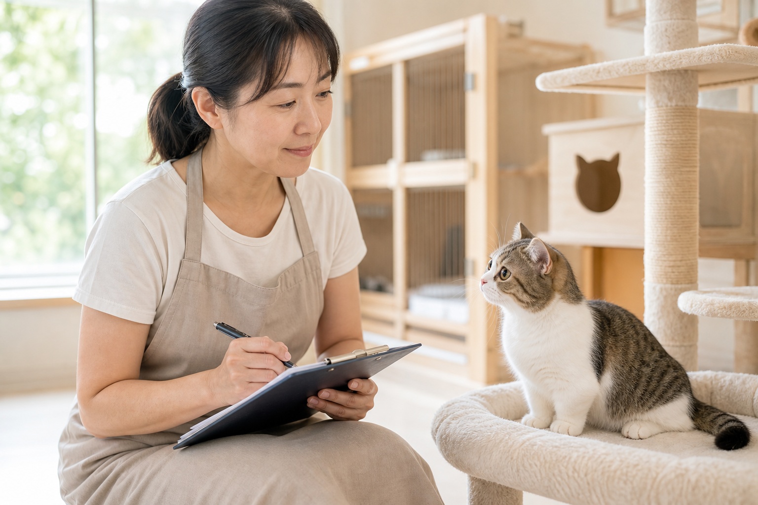 クリップボードに記録しながら猫を観察する日本人ブリーダーの温かい写真
