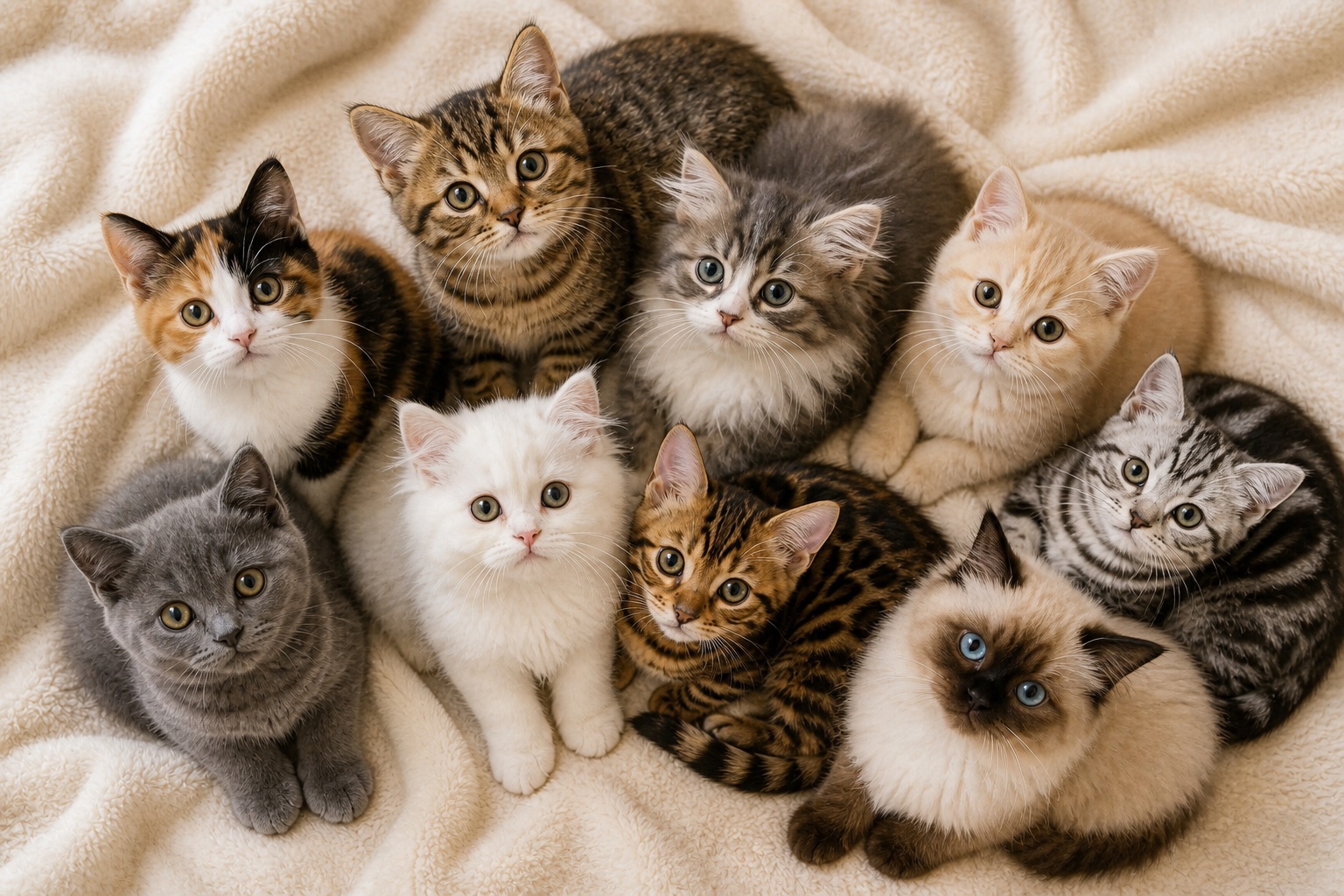 異なる品種・毛色の子猫たちが集まった俯瞰フラットレイ