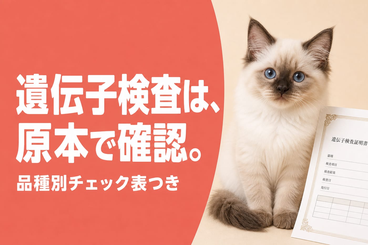 遺伝子検査は原本で確認と伝えるサーモン帯バナーと証明書の横に座るブルーアイの子猫