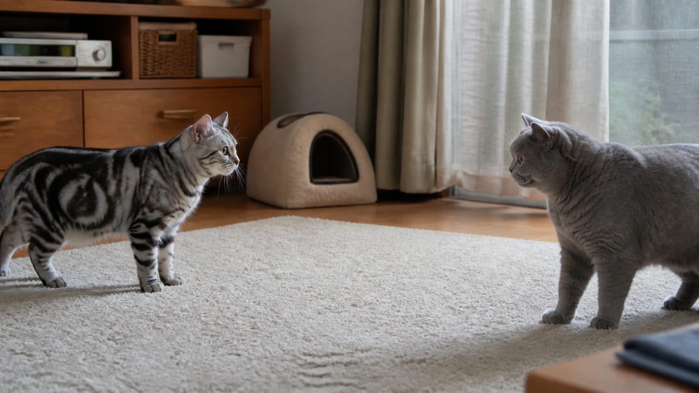 リビングのラグの上で、2匹の猫が距離を取って向かい合っている様子