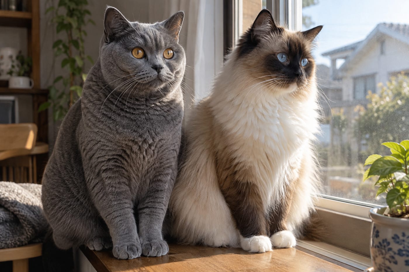 窓辺に並んで座る、短毛のブリティッシュショートヘアの成猫と、毛の長いラグドールの成猫