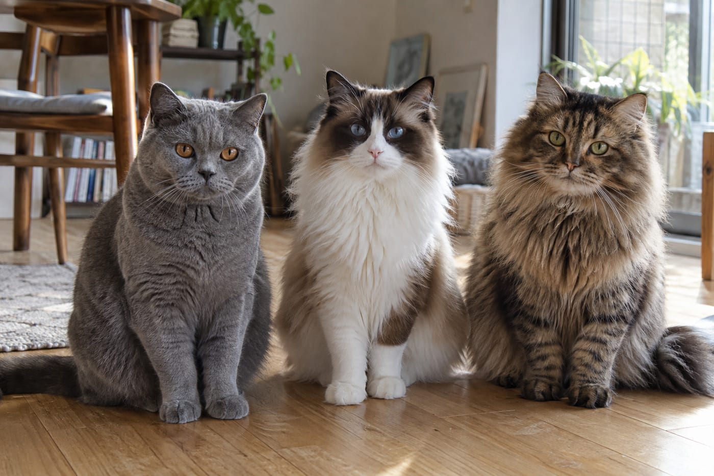 ブリティッシュショートヘアとラグドール、サイベリアンの成猫3頭が、明るい部屋の床に並んでいる
