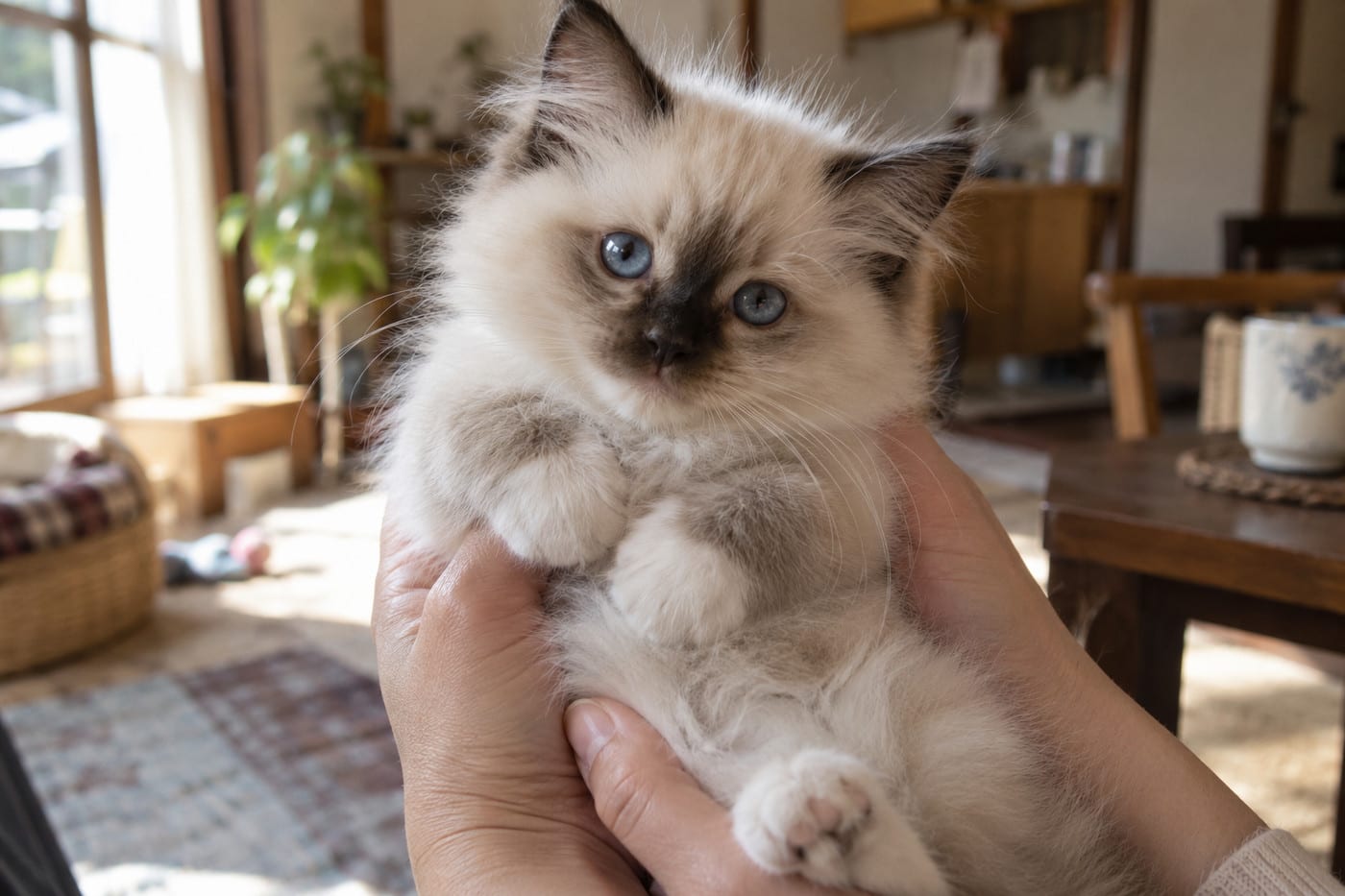 ふわふわの毛に包まれた生後2か月ほどのラグドールの子猫が、両手にそっと抱かれている