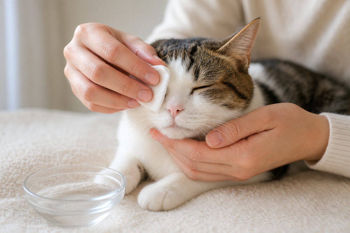 自宅で猫の目元をやさしく拭くケア