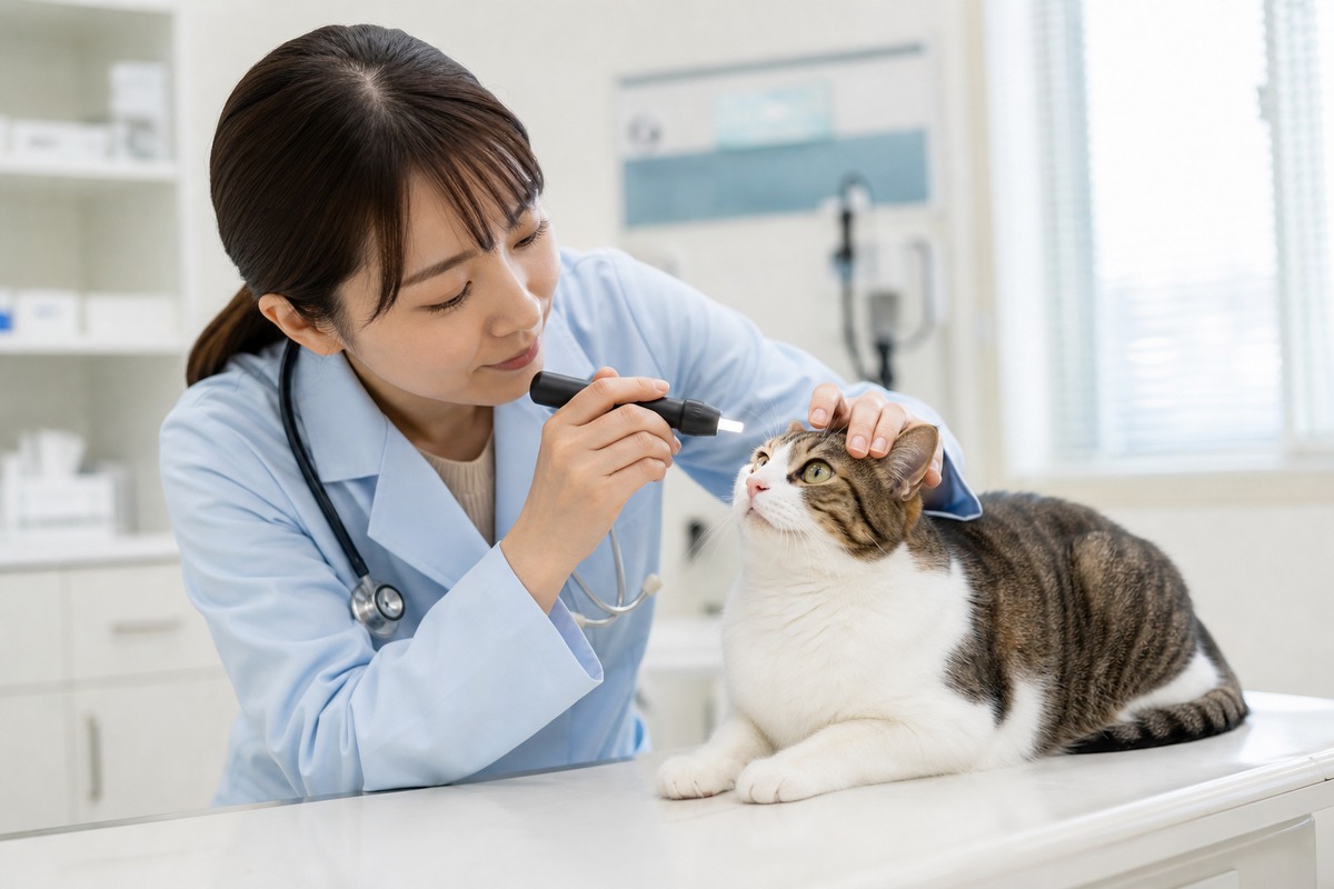 獣医師が猫の眼を診察するシーン