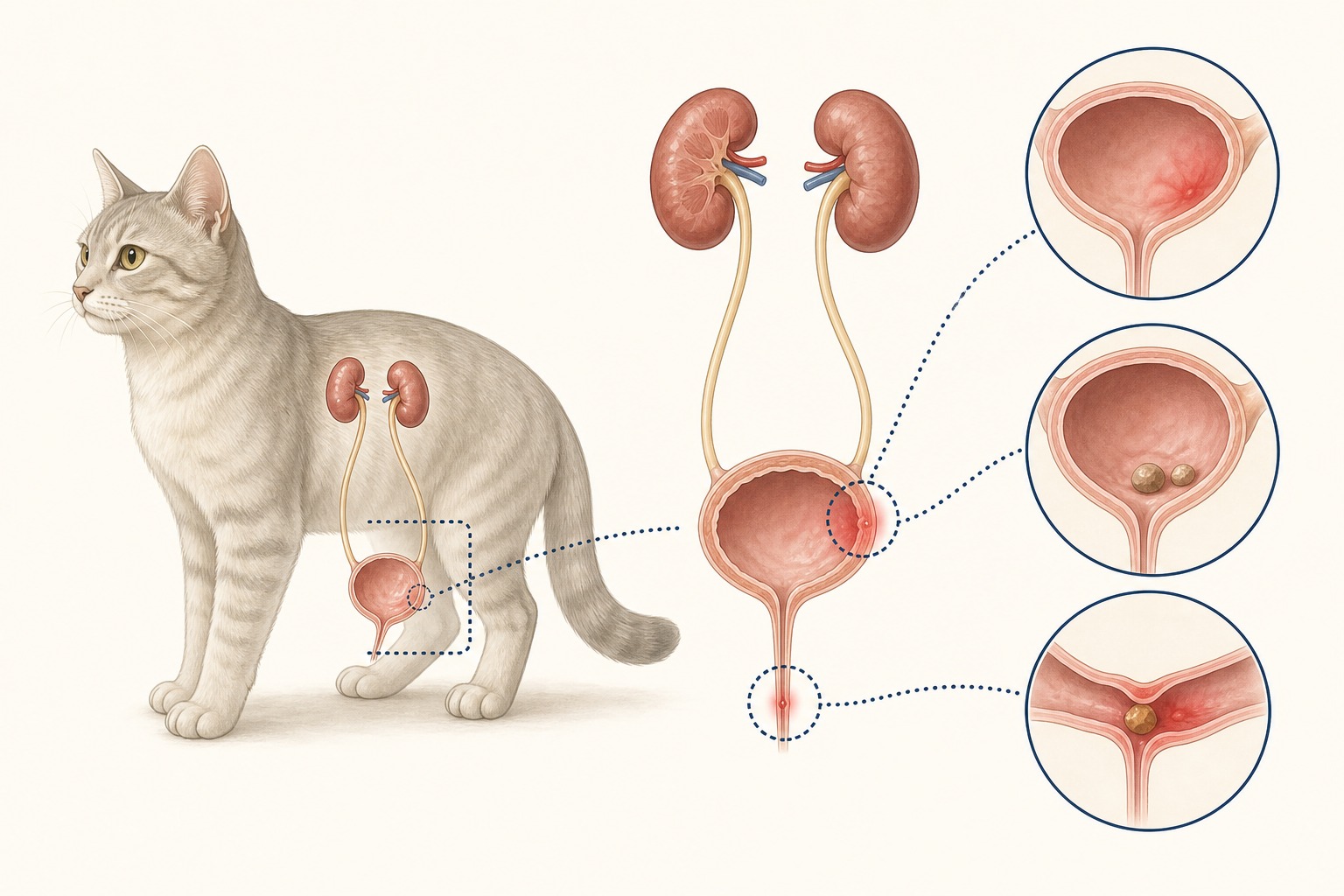 猫の血尿の原因となる泌尿器（腎臓・膀胱・尿道）の部位