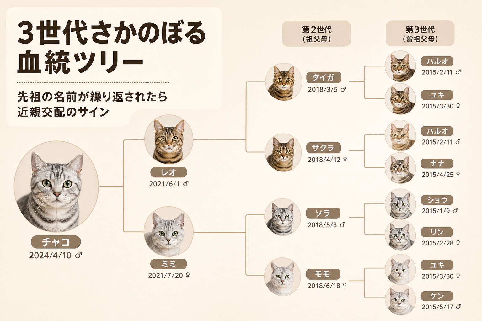 3世代さかのぼる血統ツリーのインフォグラフィック