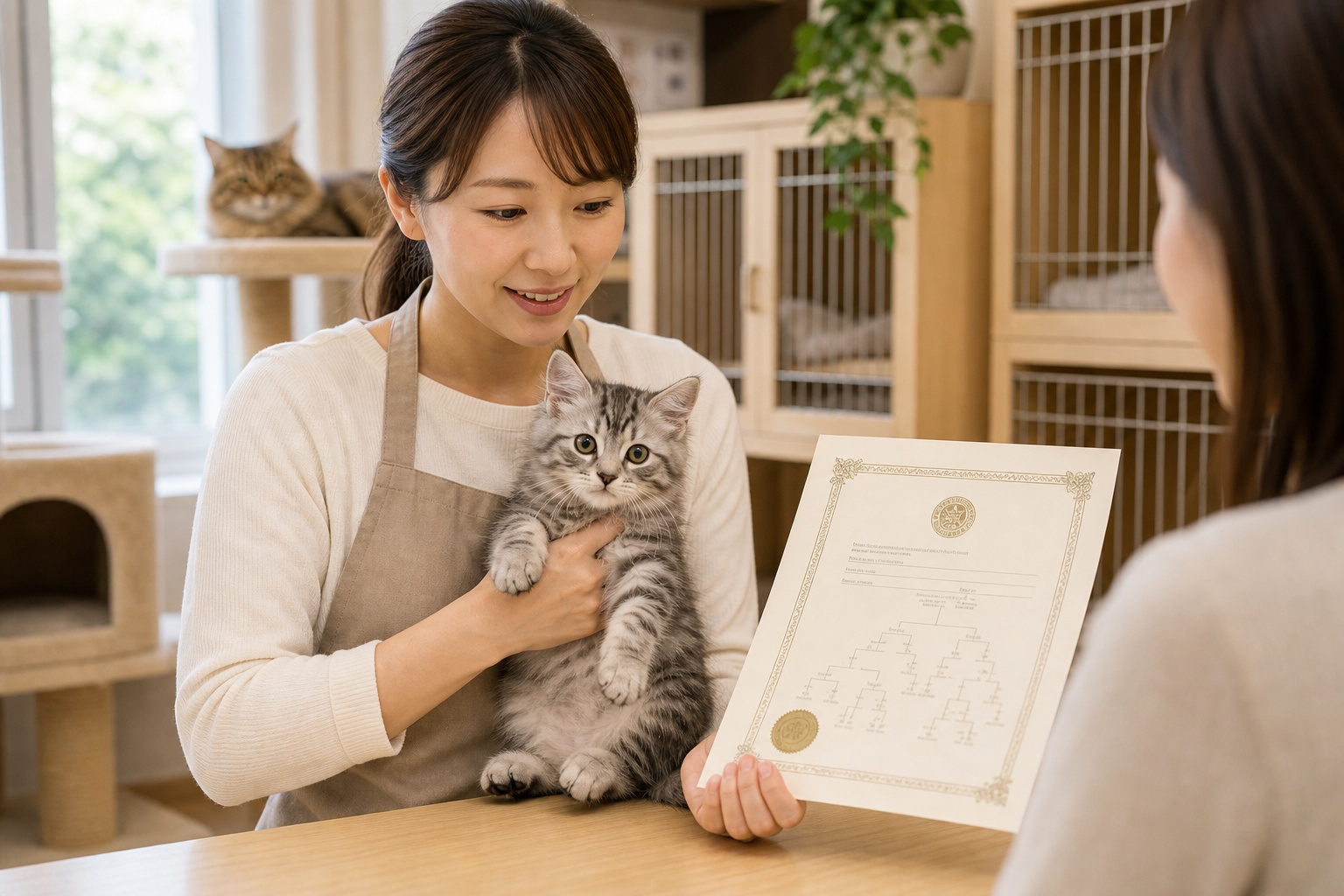 ブリーダーが子猫を抱き血統書の本名を説明する場面