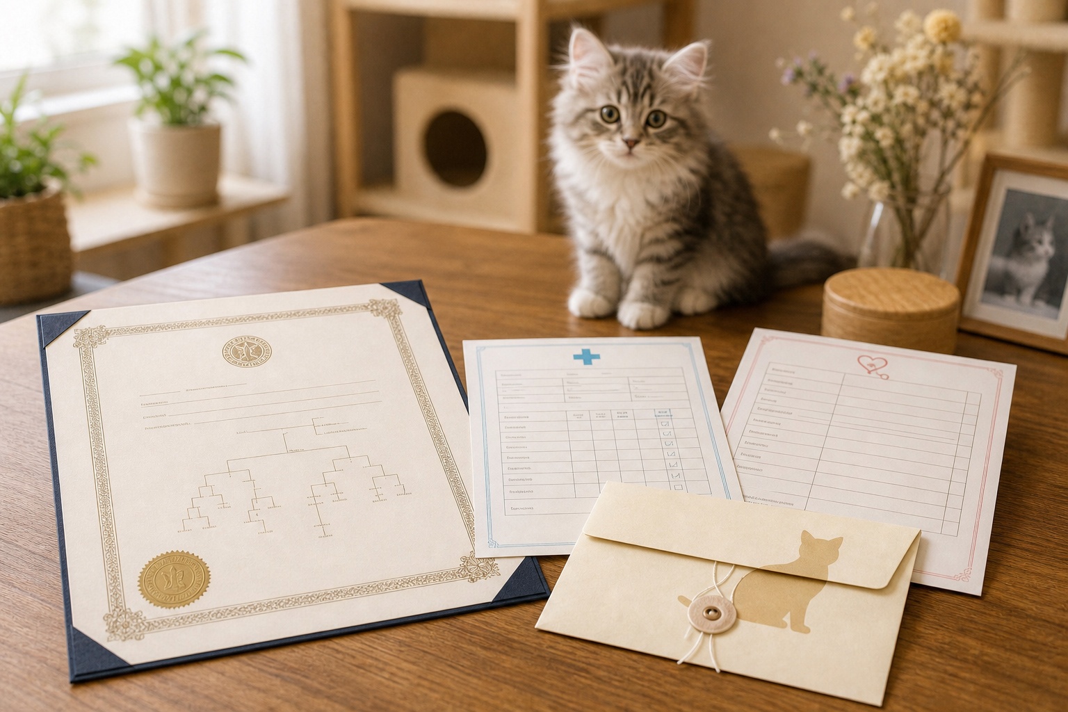 血統書とワクチン証明書がそろった子猫の引き渡し書類一式