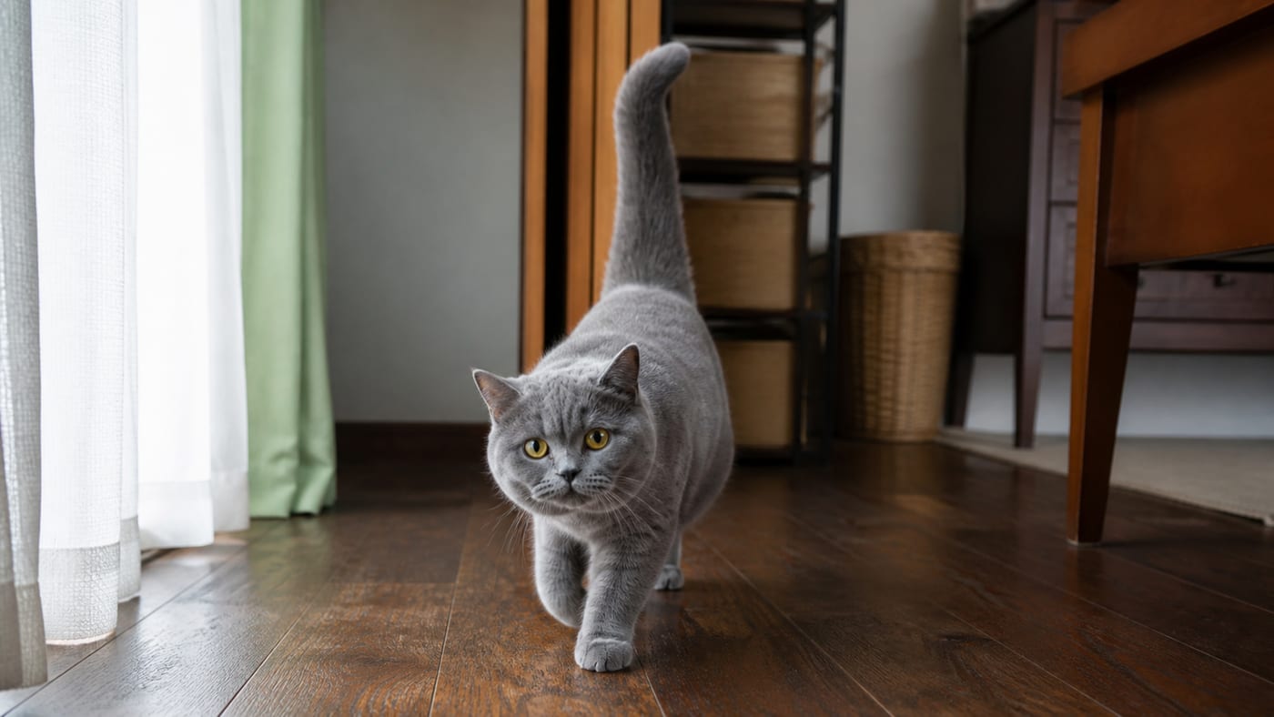 しっぽをピンと立てて近づいてくる猫を、低い位置から捉えた様子