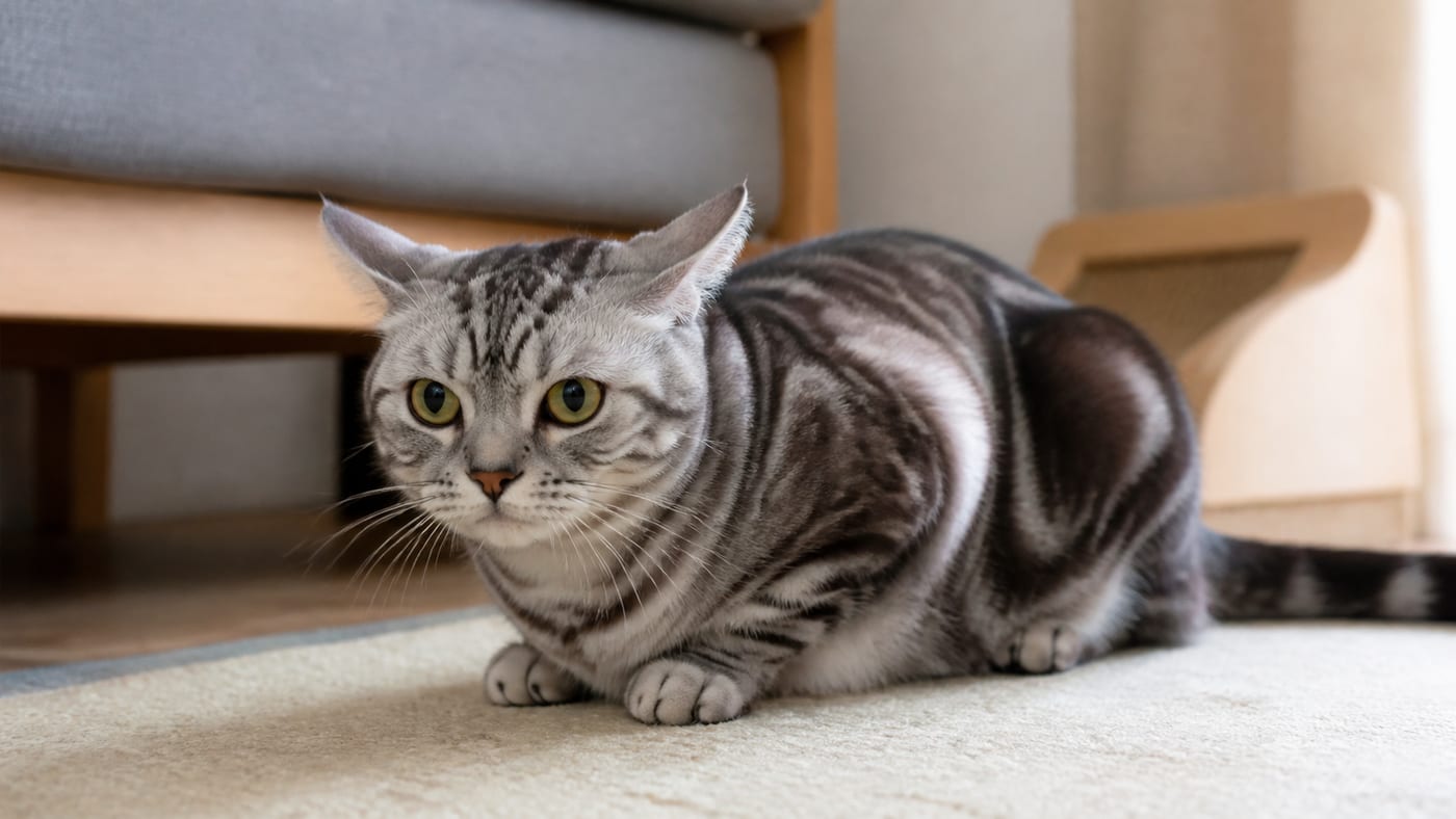 耳を横に倒して床に伏せ、警戒している猫