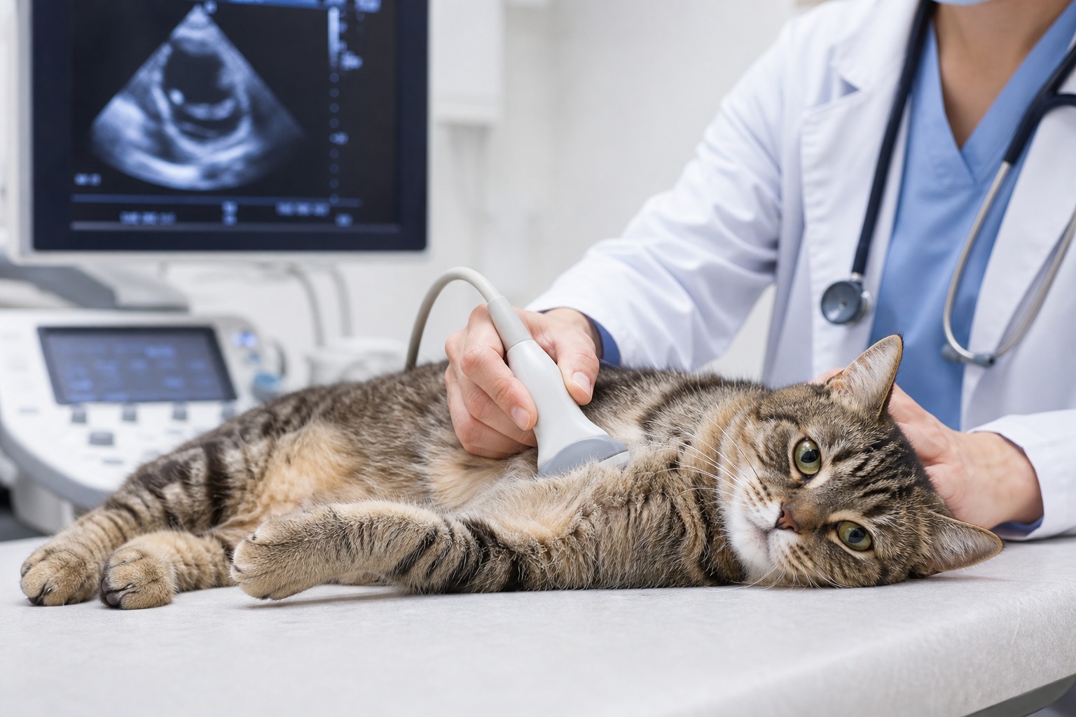 心臓エコー検査を受ける落ち着いた猫
