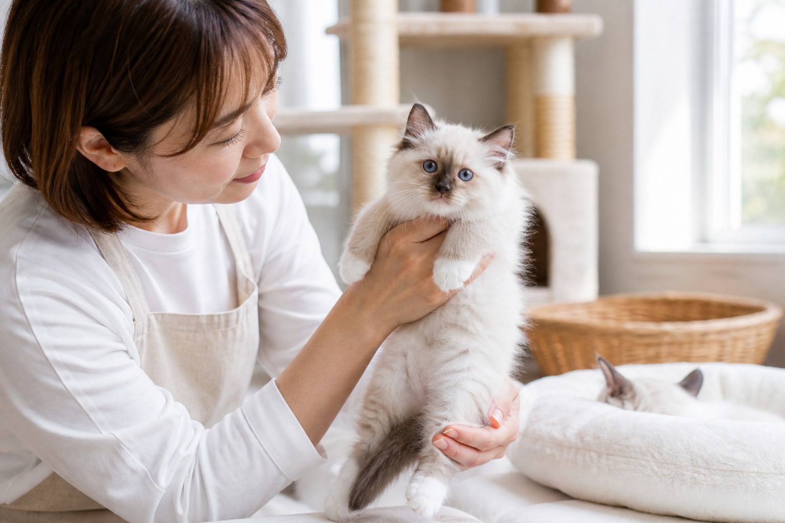 子猫の健康確認を行うブリーダーの様子