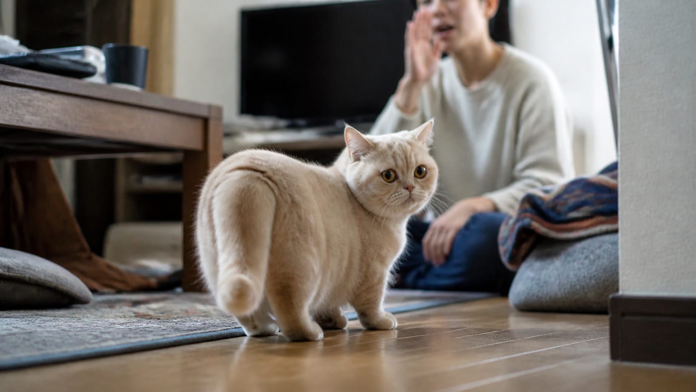 名前を呼ばれて振り向いたクリーム色の猫と、床に座って呼びかける飼い主