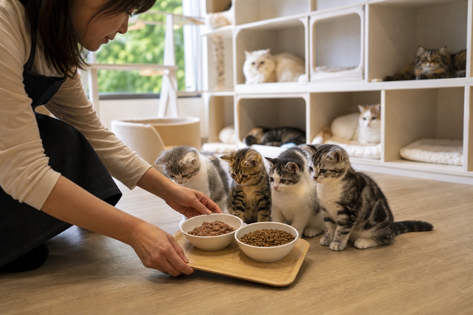 キャッテリーで食事を配るブリーダーの手元
