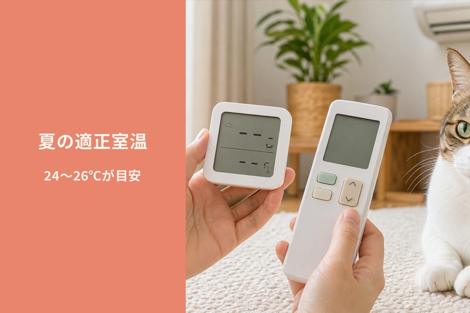 室温計とエアコンのリモコン。猫の夏の適正室温は24〜26℃が目安