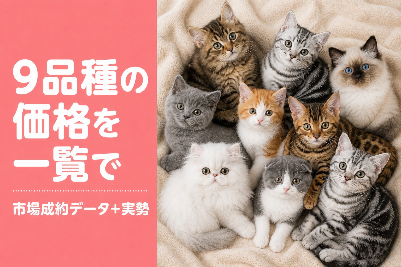 複数品種の子猫を並べた俯瞰写真・12品種の価格を一覧で比較