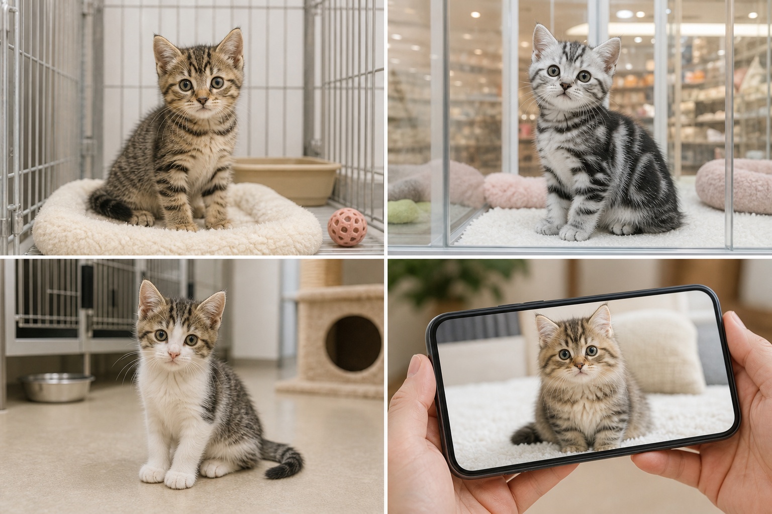 ブリーダー直販・ペットショップ・保護猫施設・個人売買の4経路の子猫の様子を並べた比較写真