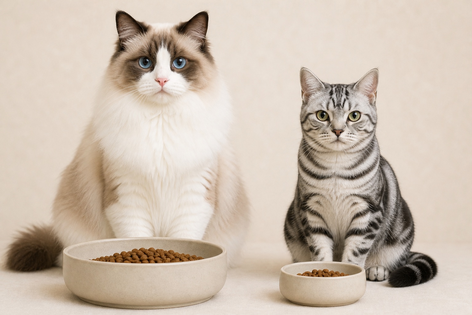 大型猫と中型猫のフードボウルの大きさを並べた生涯食費イメージ写真
