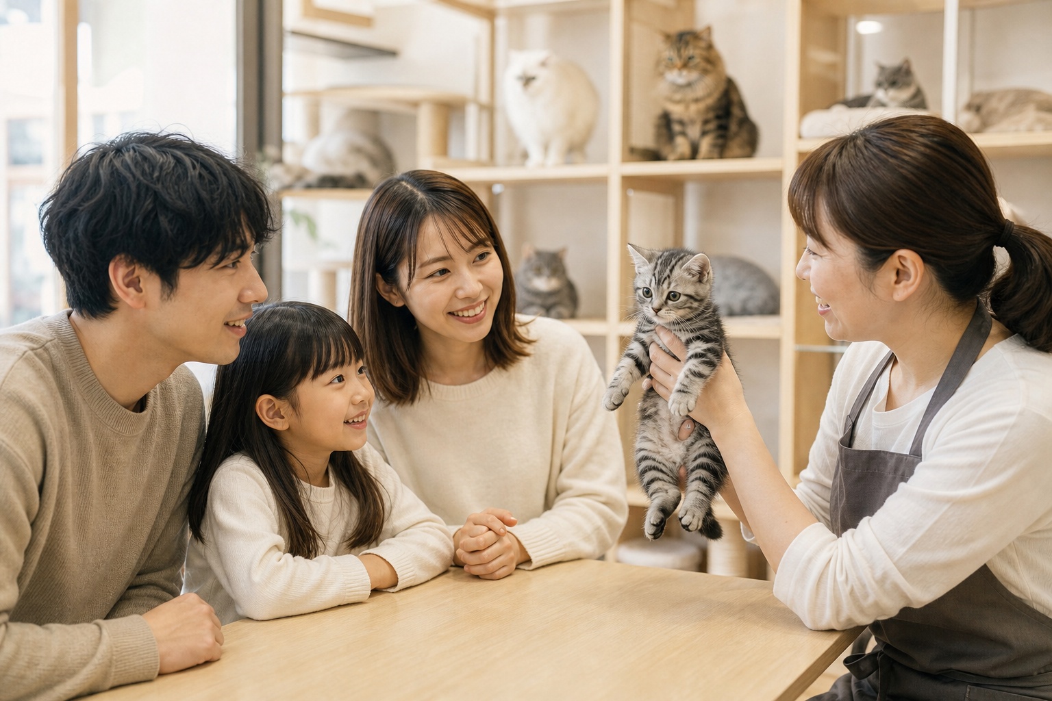 ブリーダーが見学家族に子猫を丁寧に紹介するキャッテリーの風景