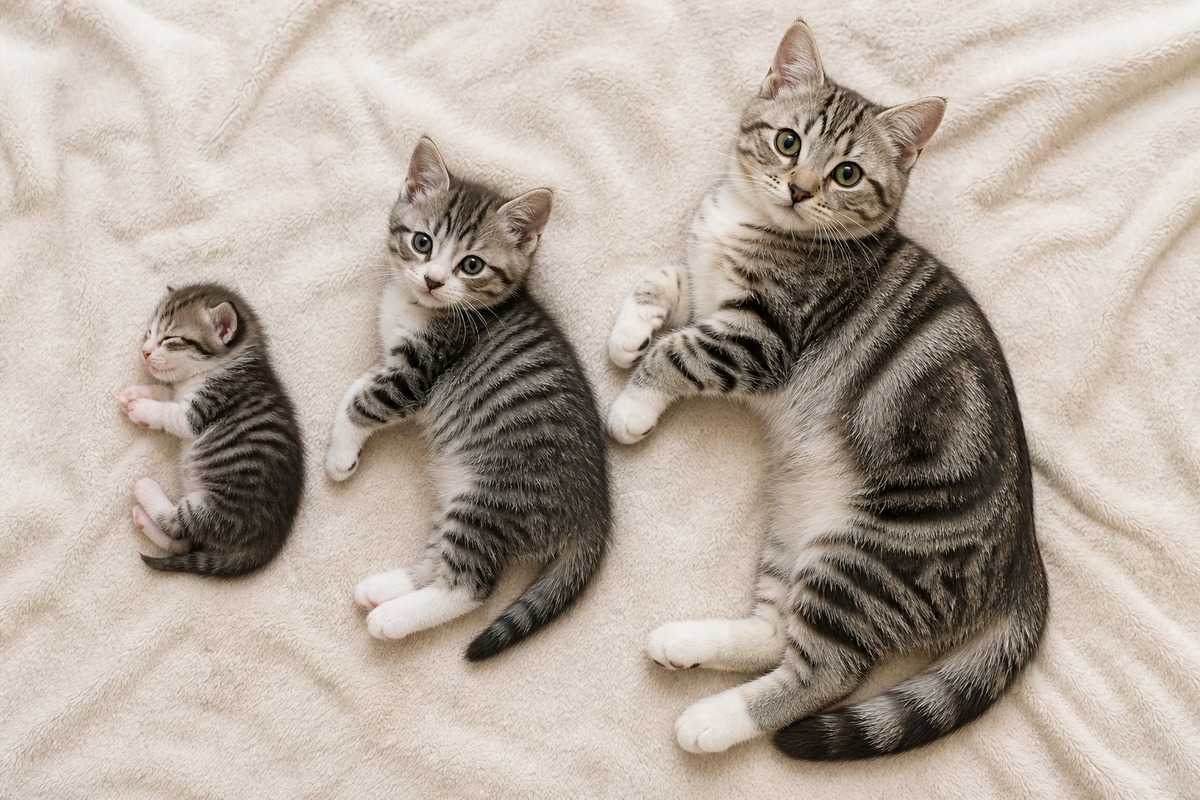 月齢別に並んだ3匹の子猫の成長