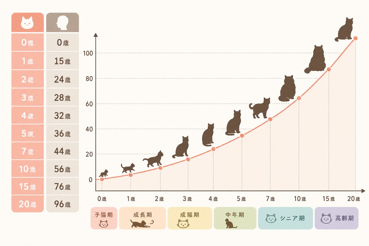 猫の年齢換算チャートのインフォグラフィック