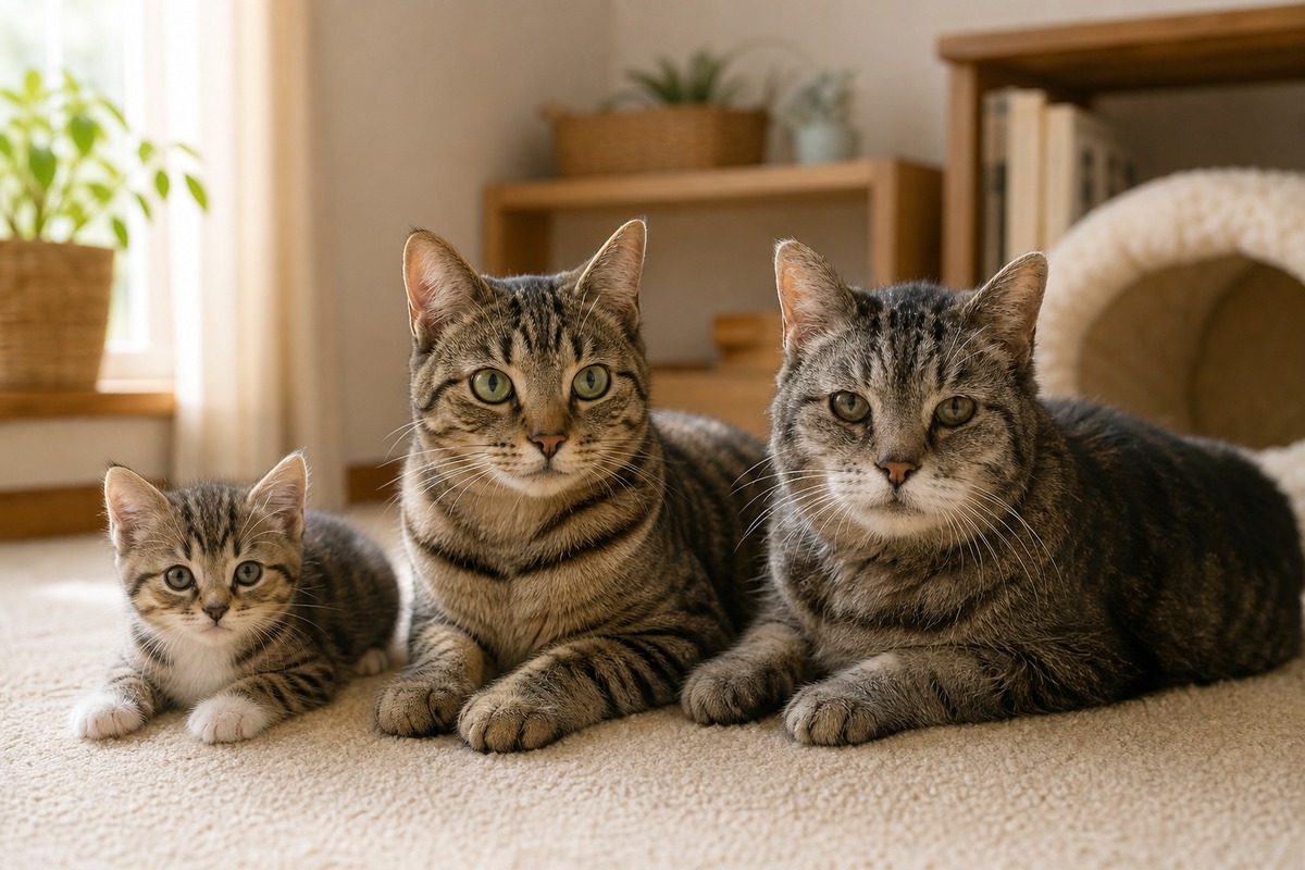 異なる世代の猫が集う家庭写真