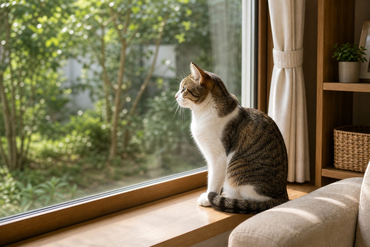 窓辺で外を眺める室内飼いの猫