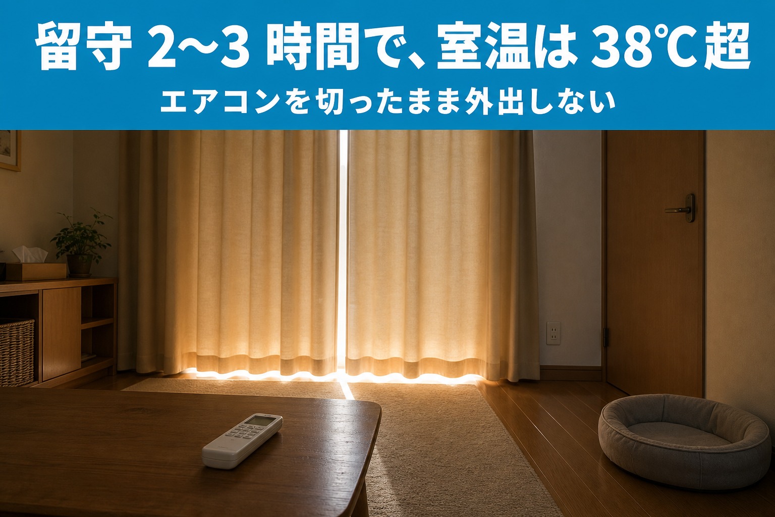 留守2〜3時間でエアコンを切った室内は38℃を超える