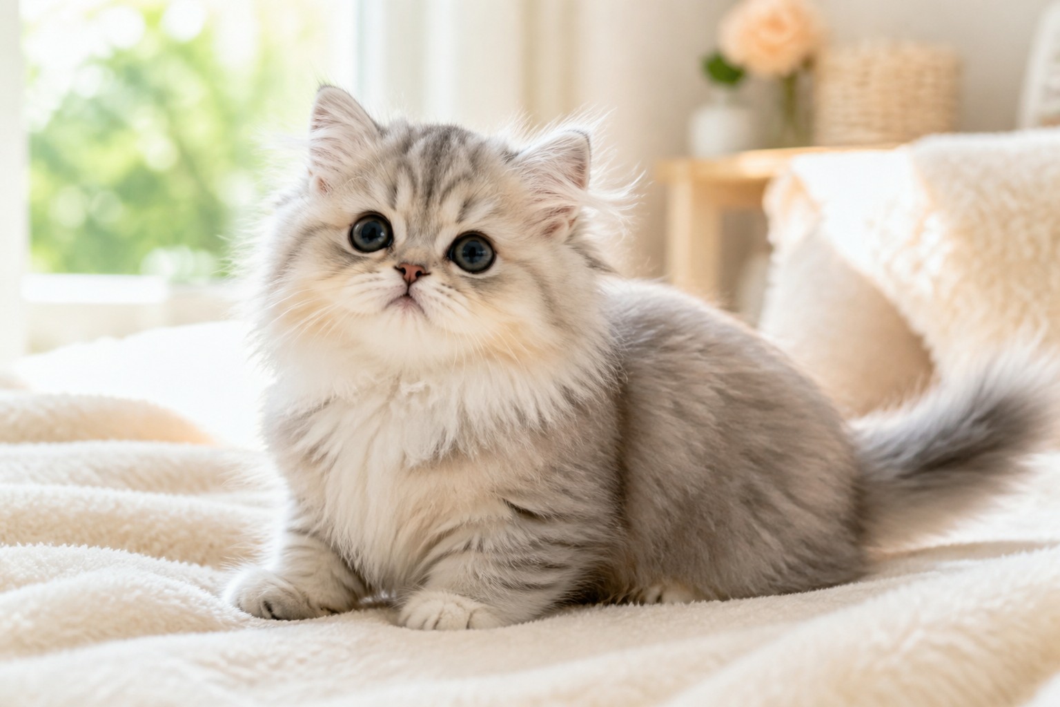 もふもふした被毛のミヌエット子猫のクローズアップ写真