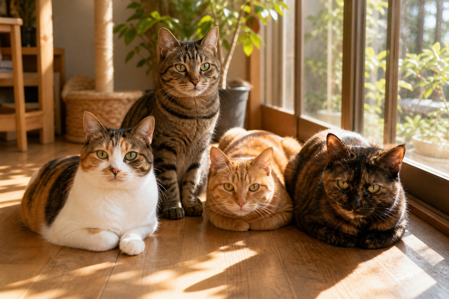 三毛・キジトラ・茶トラ・サビ猫が集う日本猫のグループ写真