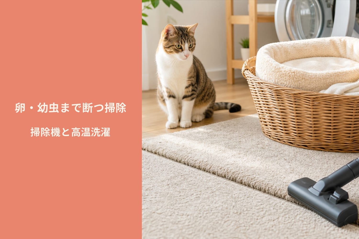 掃除機でカーペットのすき間を掃除する様子と、高温で洗濯乾燥される猫の寝具