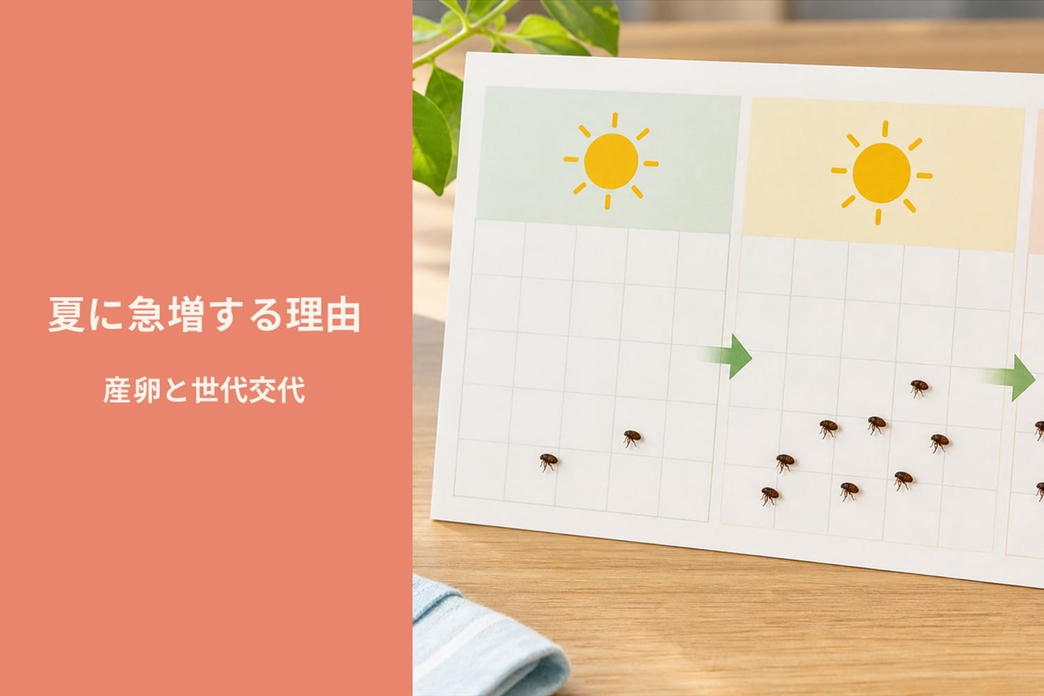 カレンダーに6月・7月・8月とノミのマークが世代ごとに増えていく図解イメージ