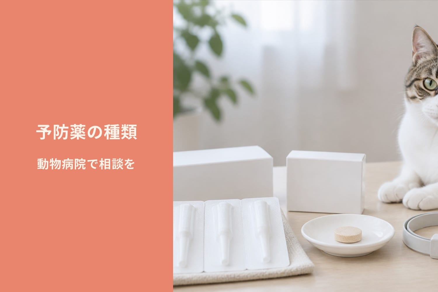スポットオン剤・チュアブル・首輪型など複数タイプの予防薬パッケージが並ぶ中立的な比較イメージ