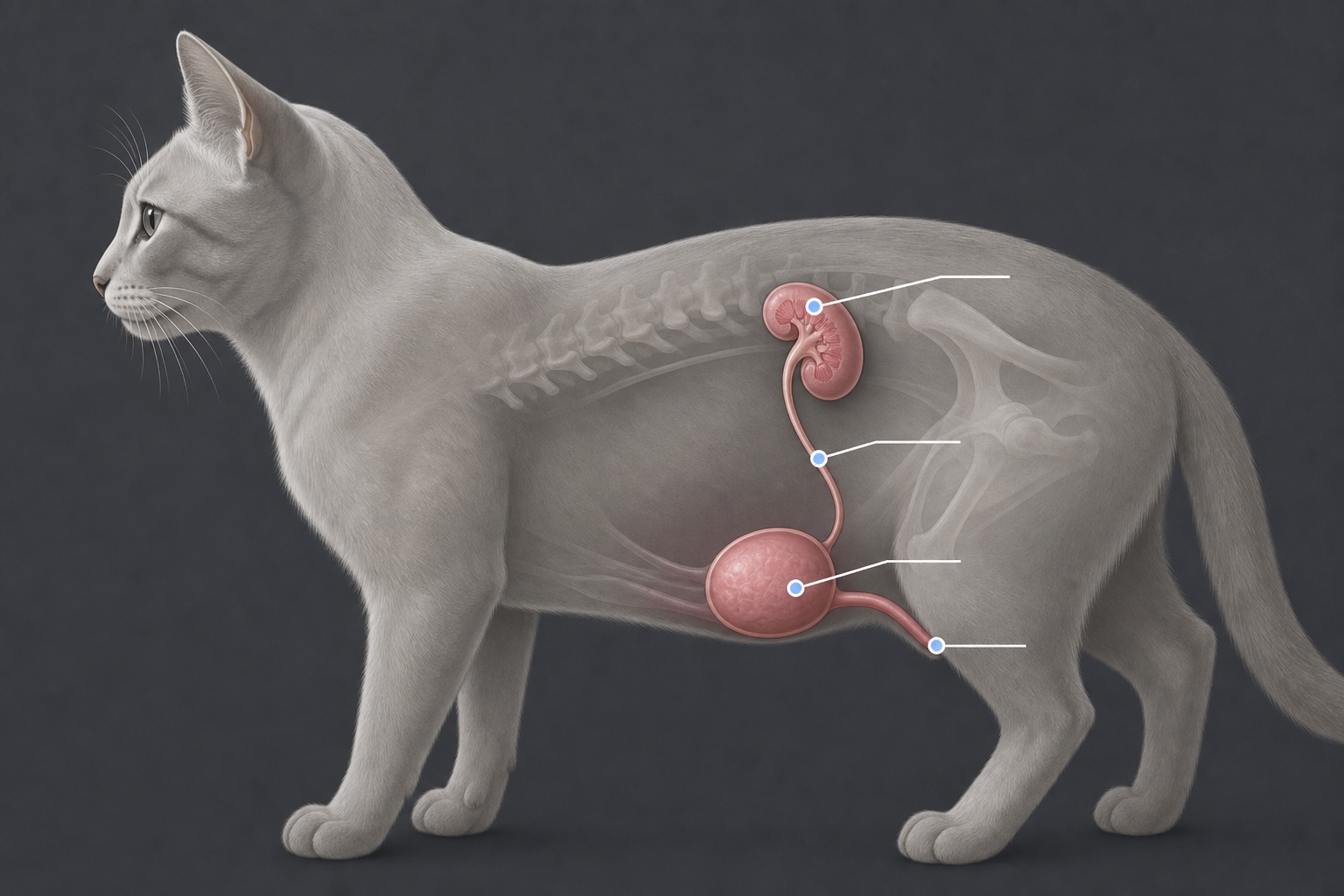 猫の泌尿器(腎臓・尿管・膀胱・尿道)の位置を示した解剖イラスト