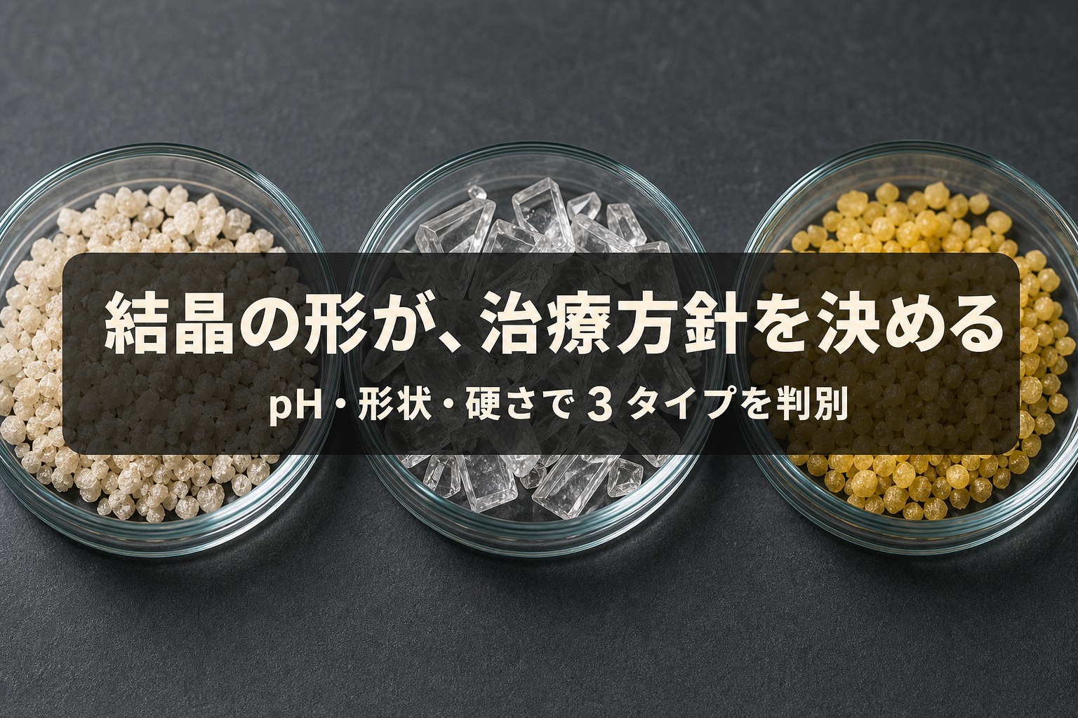 結晶の形が治療方針を決める。pH・形状・硬さで3タイプを判別する結石サンプル比較