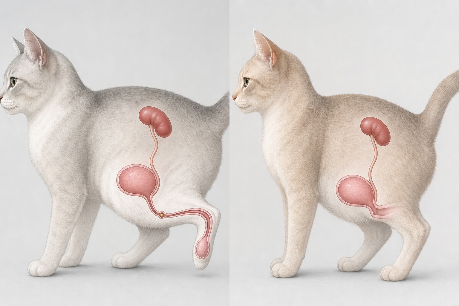 オス猫とメス猫の尿道の長さ・細さの違いを比較した解剖イラスト