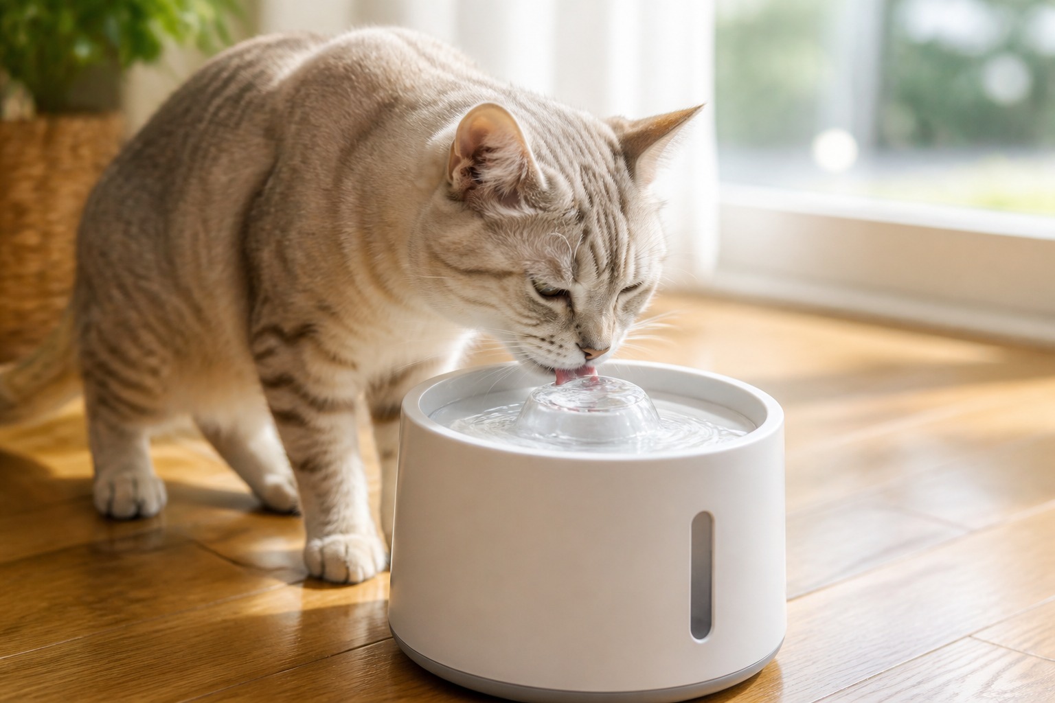 循環式の流れる水飲み器で水を飲む猫。飲水量を増やすことが結石予防につながる