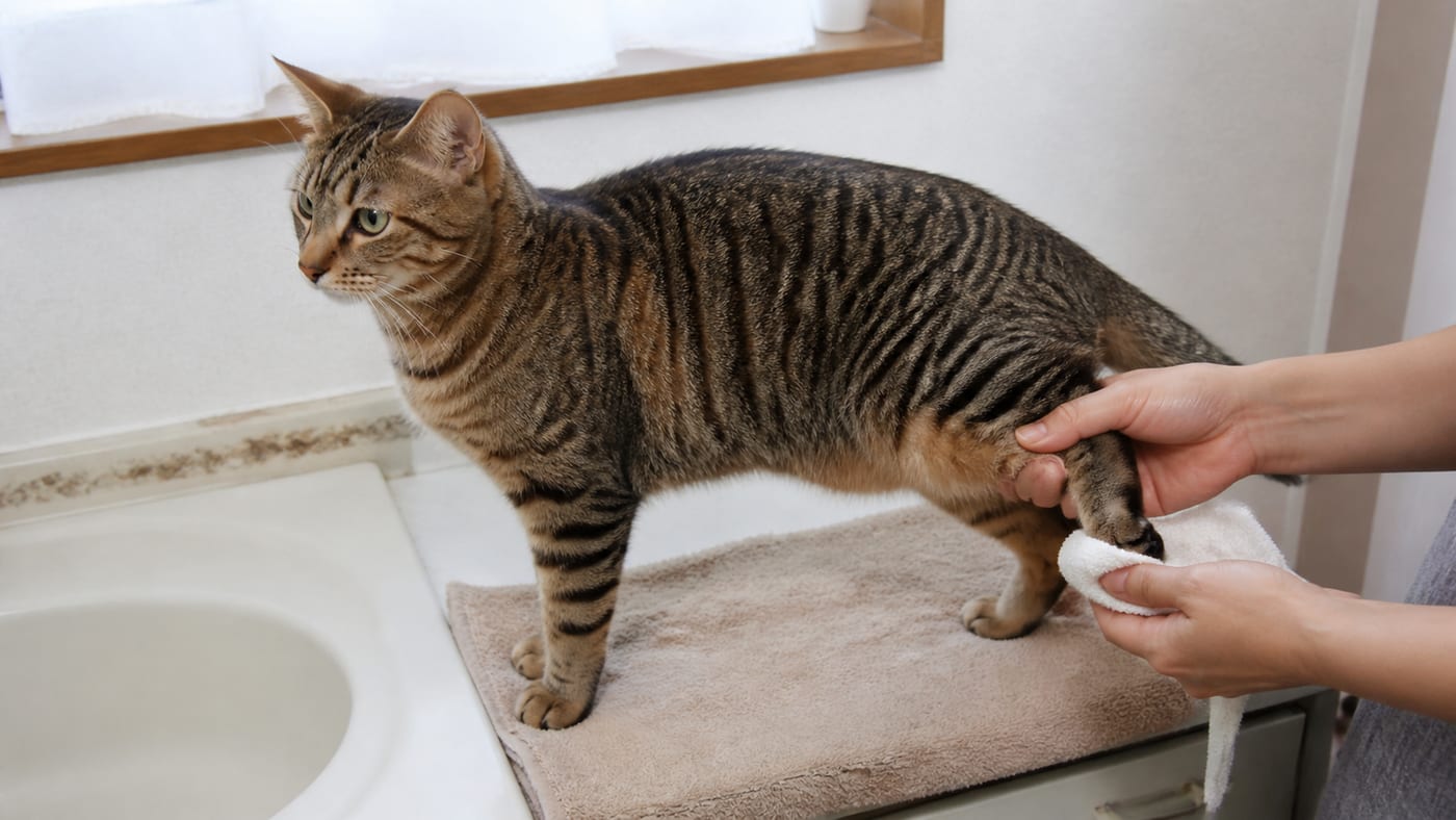 洗面台で、ぬるま湯をつけたタオルを使って猫の後ろ足だけを拭いている手元