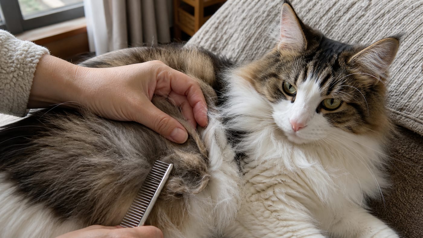 長毛猫の脇腹にできた毛玉を、コームで確認している手元