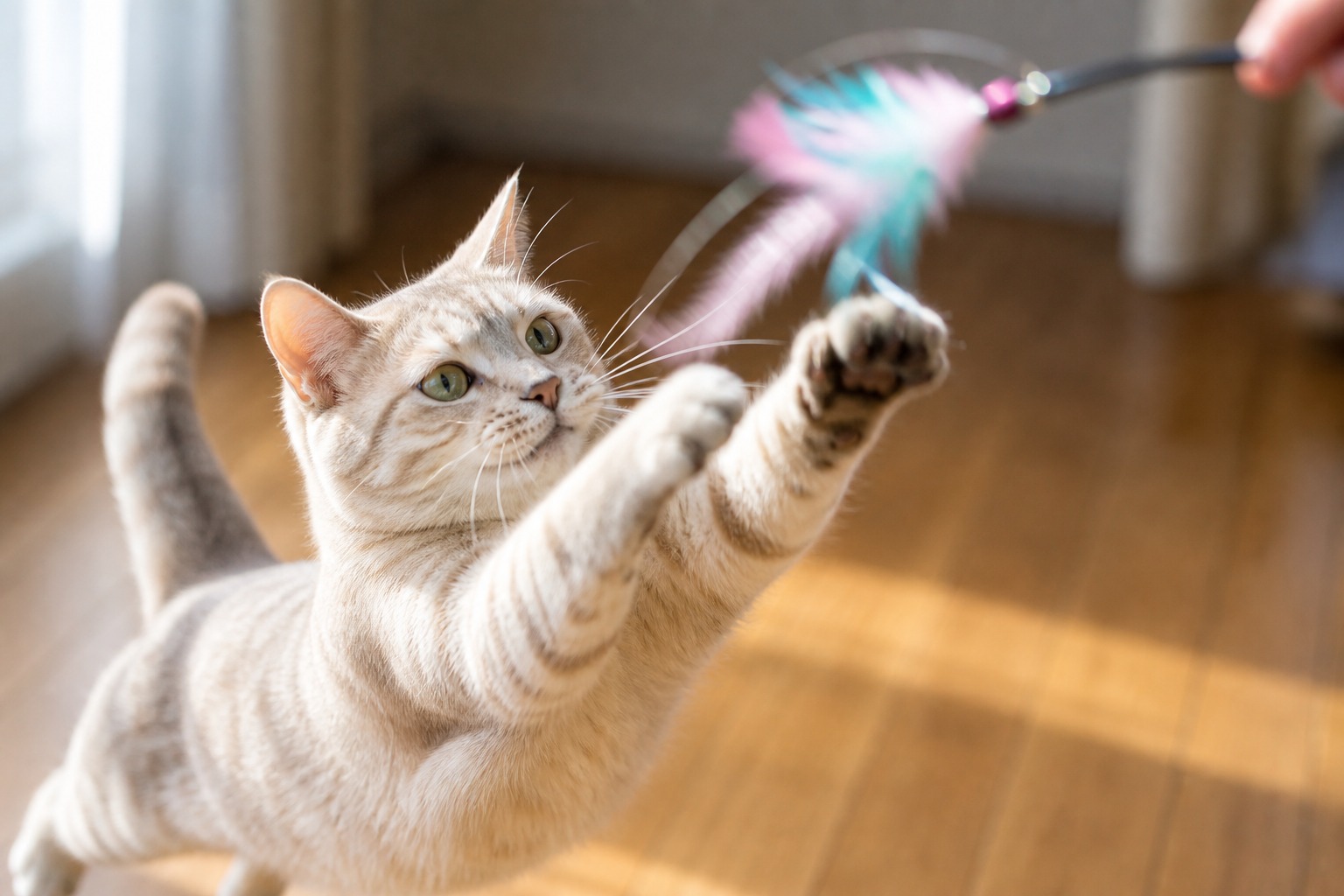 羽根のじゃらし棒に飛びついて前足を伸ばす猫。狩猟本能を引き出す遊び