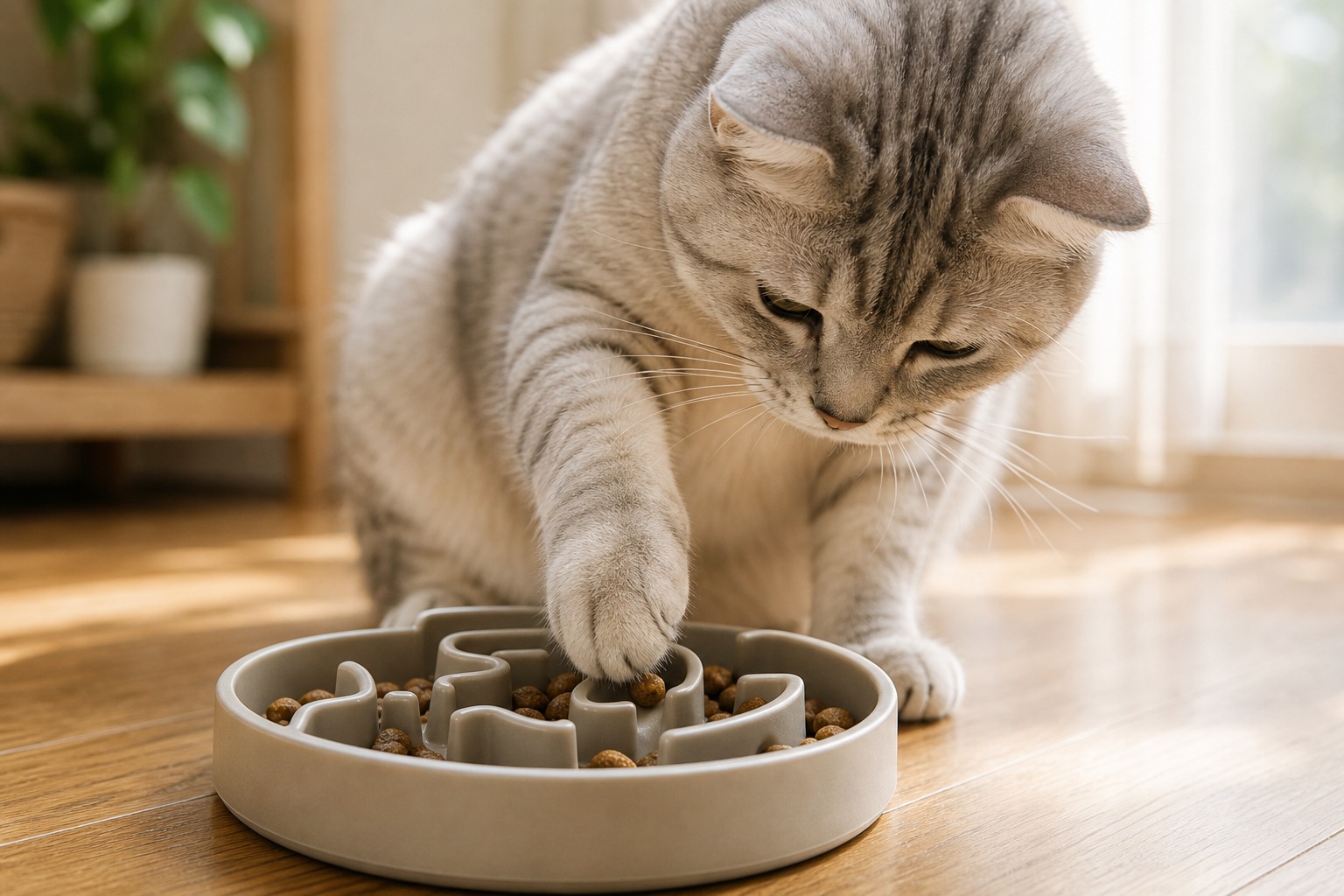 パズルフィーダーから前足でフードを取り出して食べる猫。知育玩具で認知機能を刺激