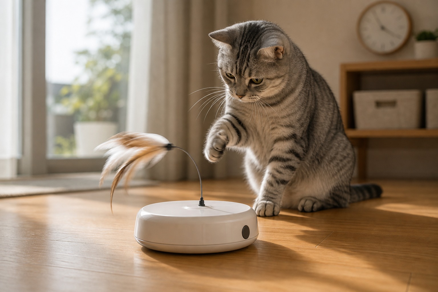 自動で動く羽根付き電動おもちゃに前足を伸ばす猫。留守中の運動不足対策に